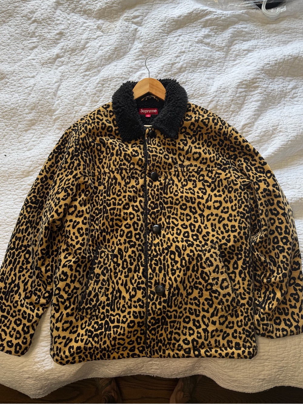 Supreme Leopard Print Teddy Jacket with Black Sherpa Collar